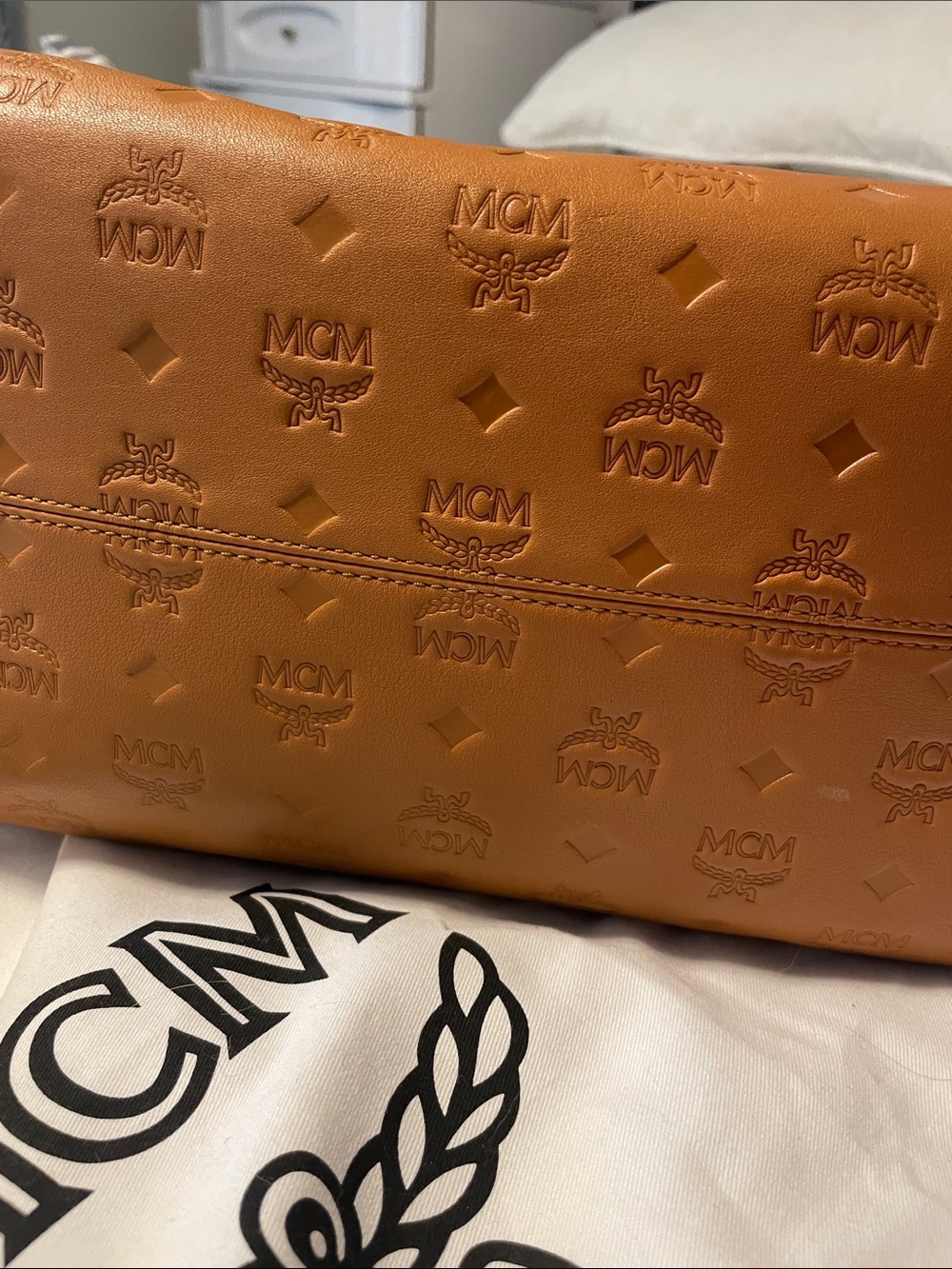 MCM Cognac Embossed Leather Shoulder Bag - Picture 11 of 11
